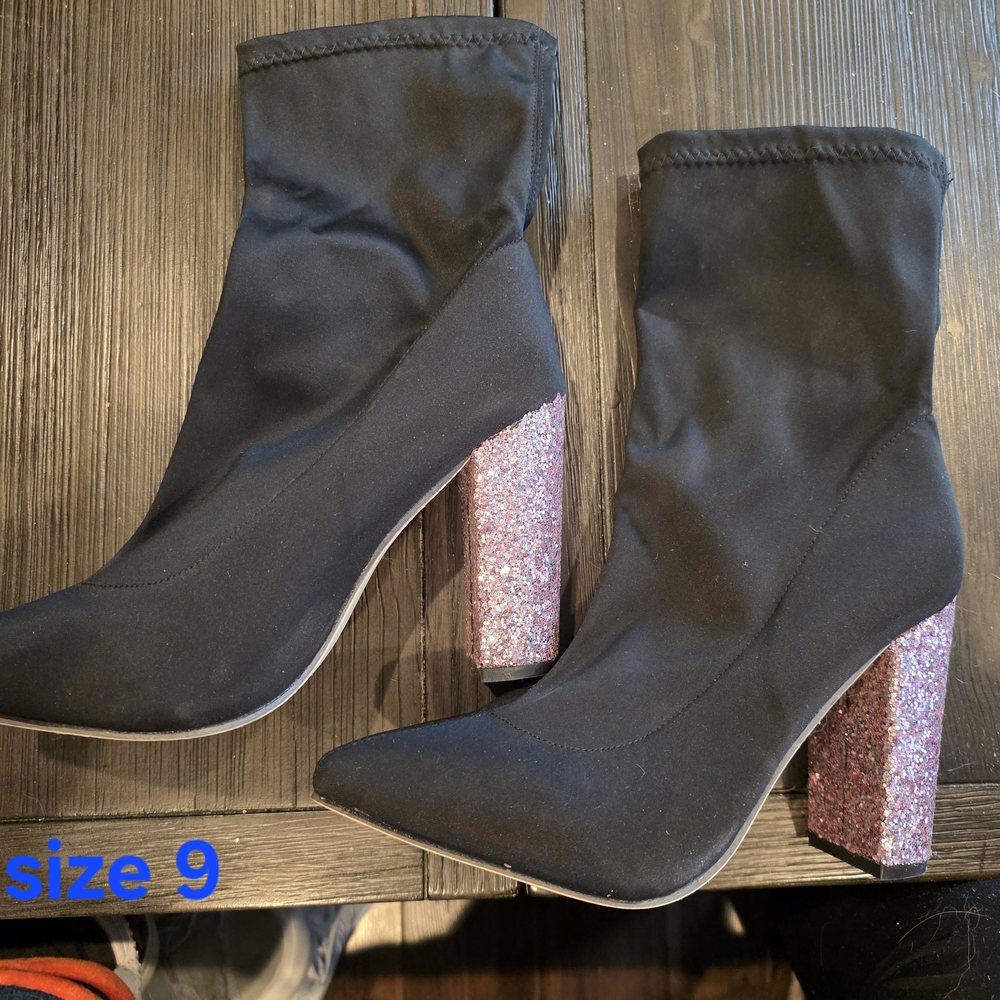 Black Stretch Sock Boots with Pink Glitter Block Heel - Size 9